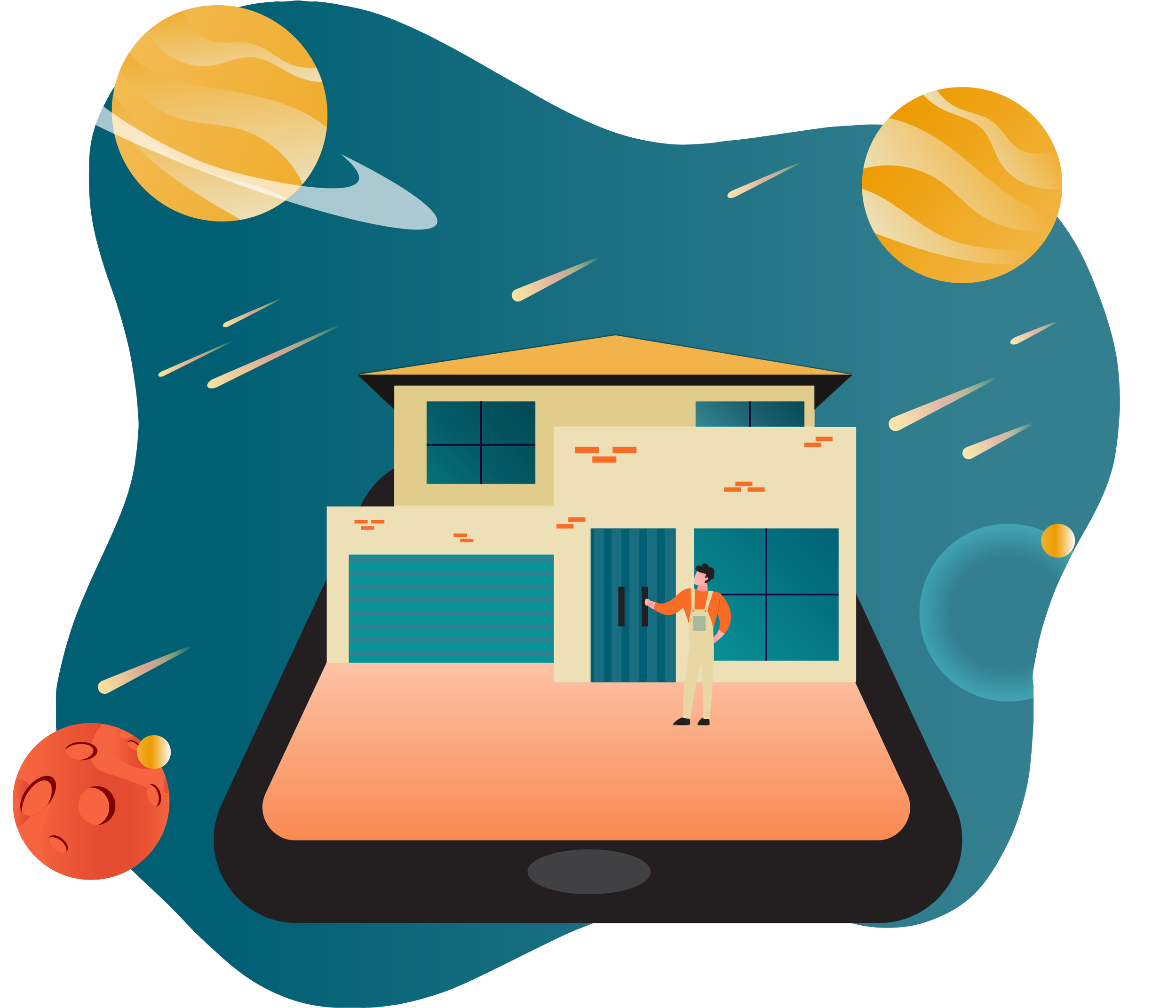 Digital illustration of a person in front of a modern house with a mountain or hill in the background, with a large asteroid with craters in the lower left corner and a stylized planet or moon with rings on the left side of the sky.