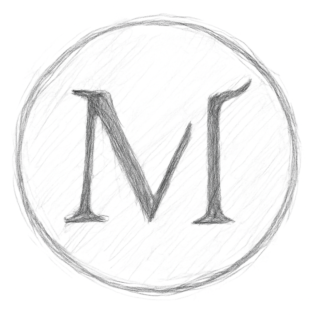 A pencil sketch of a circle with the letters 'MV' inside.
