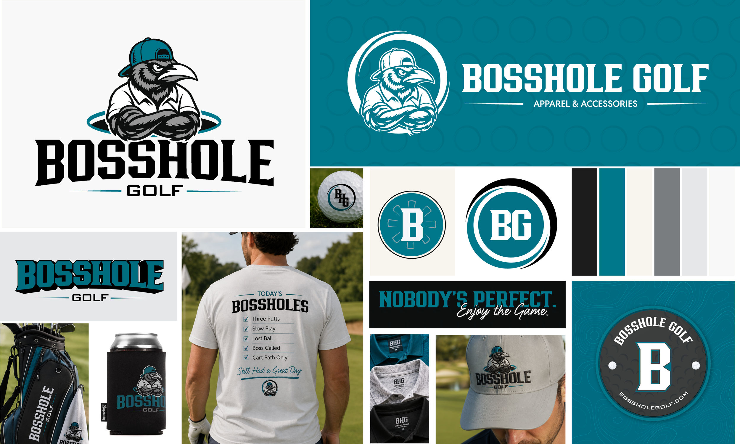 Collage of branding and visual identity elements for Bosshole Golf, including logo suite, color palette, merchandise, and other promotional materials.