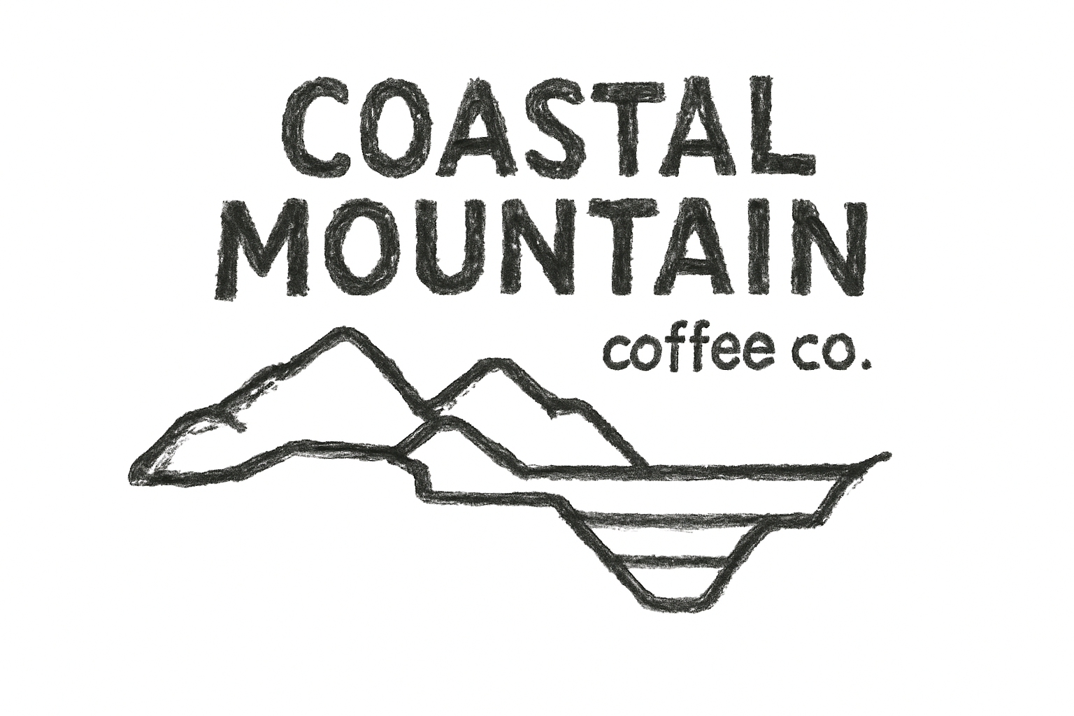 Hand-drawn logo for Coastal Mountain Coffee Co., featuring mountains and a coffee cup.