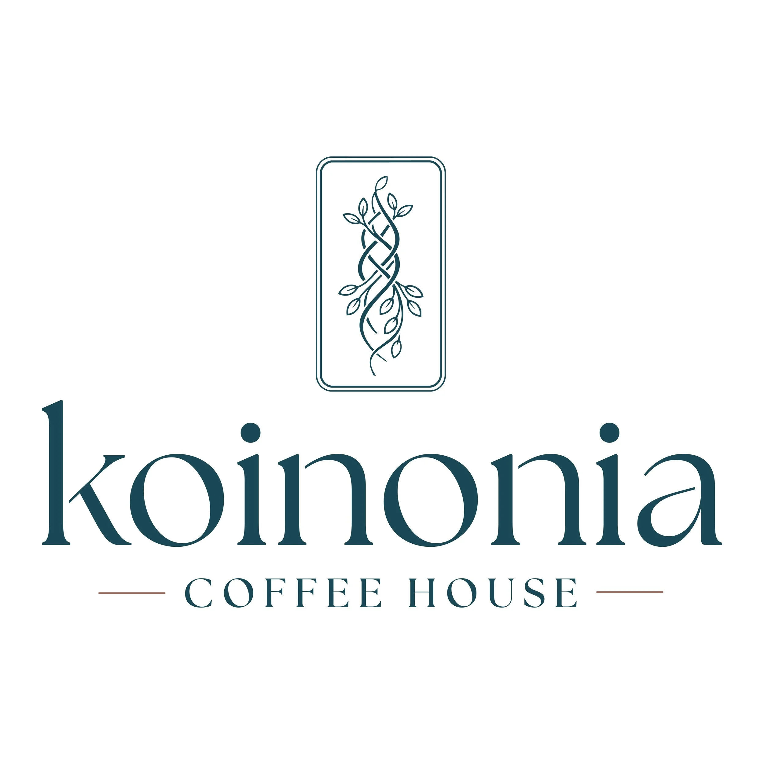 Logo of Koionia Coffee House featuring a stylized plant with intertwined vines and leaves above the name 'Koinia' and the text 'COFFEE HOUSE' underneath.