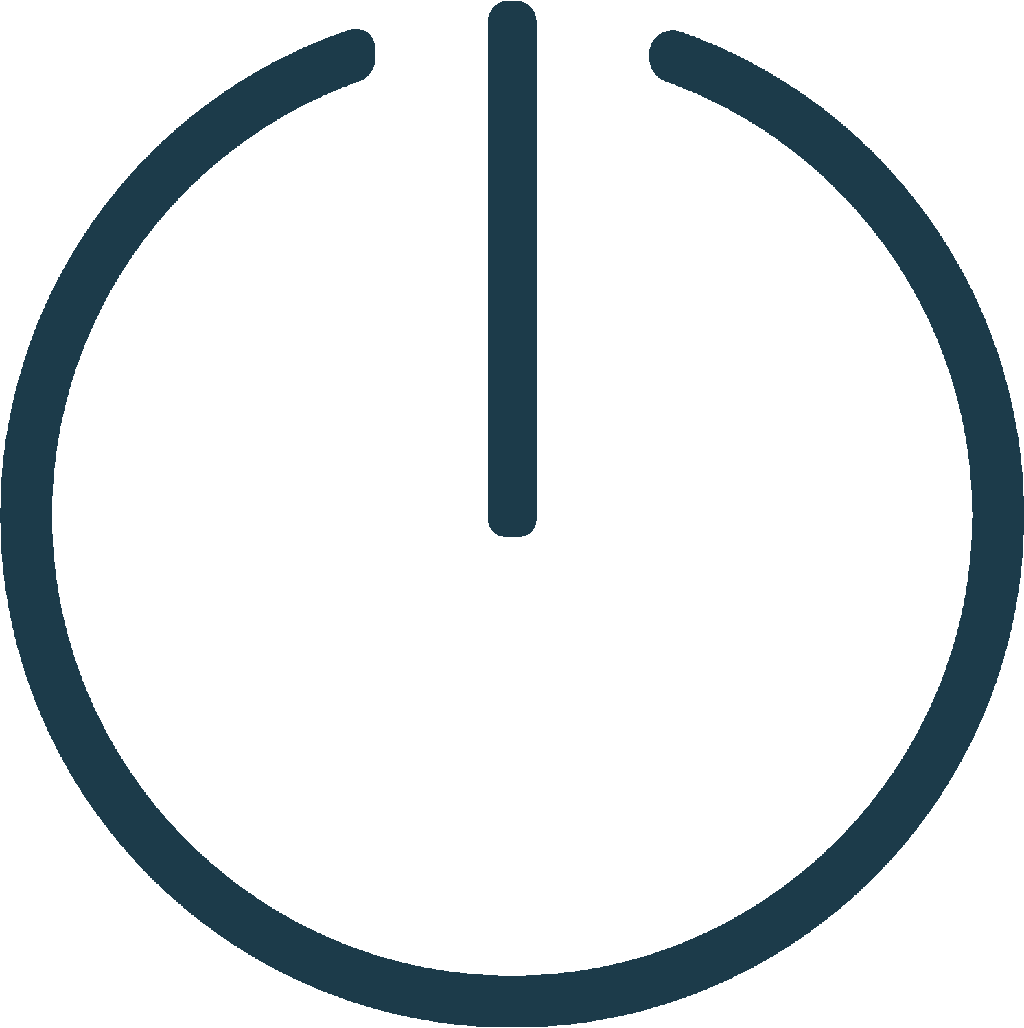 A dark blue power button icon with a circle and vertical line in the center.