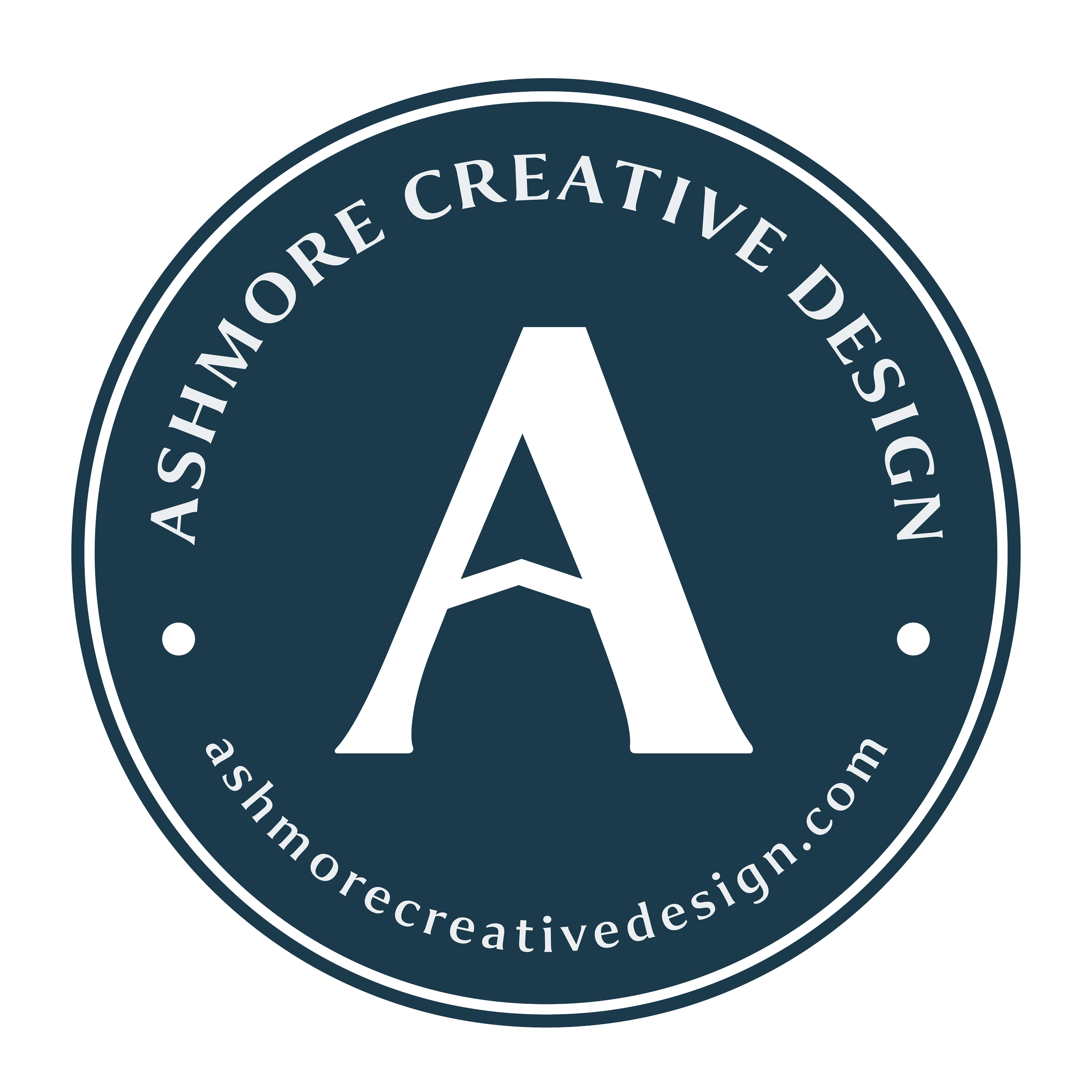A circular logo with a large stylized letter 'A' in the center. The outer ring contains the text 'ASHMORE CREATIVE DESIGN' at the top and the website 'ashmorecreativedesign.com' at the bottom, with small dots separating the text.