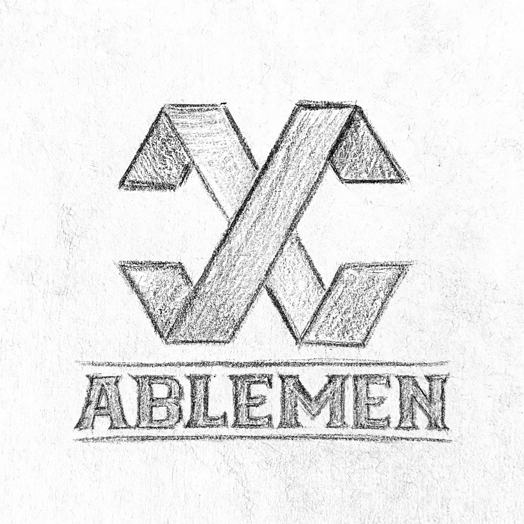 A pencil sketch of the Ablemen logo, featuring a stylized geometric emblem above the word "ABLEMEN" in bold, capital letters.