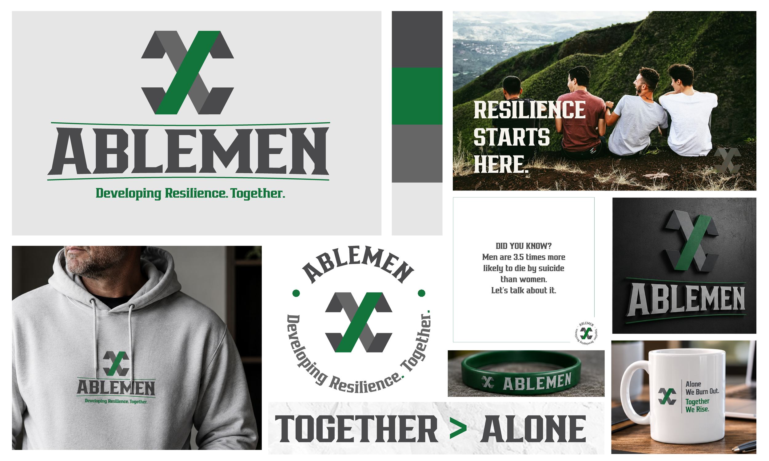 Logo and visual identity for men's mental health awareness organization. Logo mark featuring a blend of the DNA Helix, green ribbon, and two arrows pointing "together". 