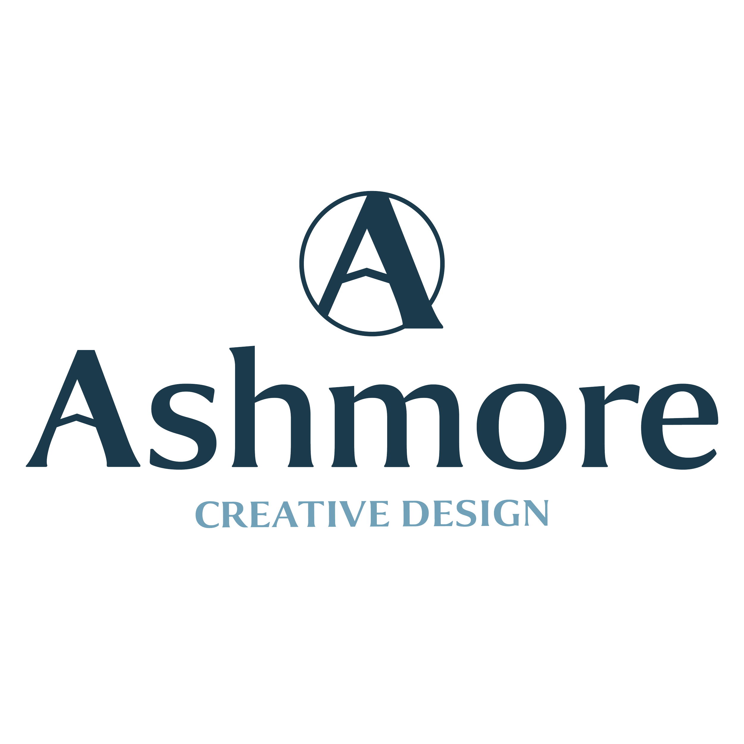 Logo for Ashmore Creative Design with a stylized 'A' inside a circle above the company name in blue text.