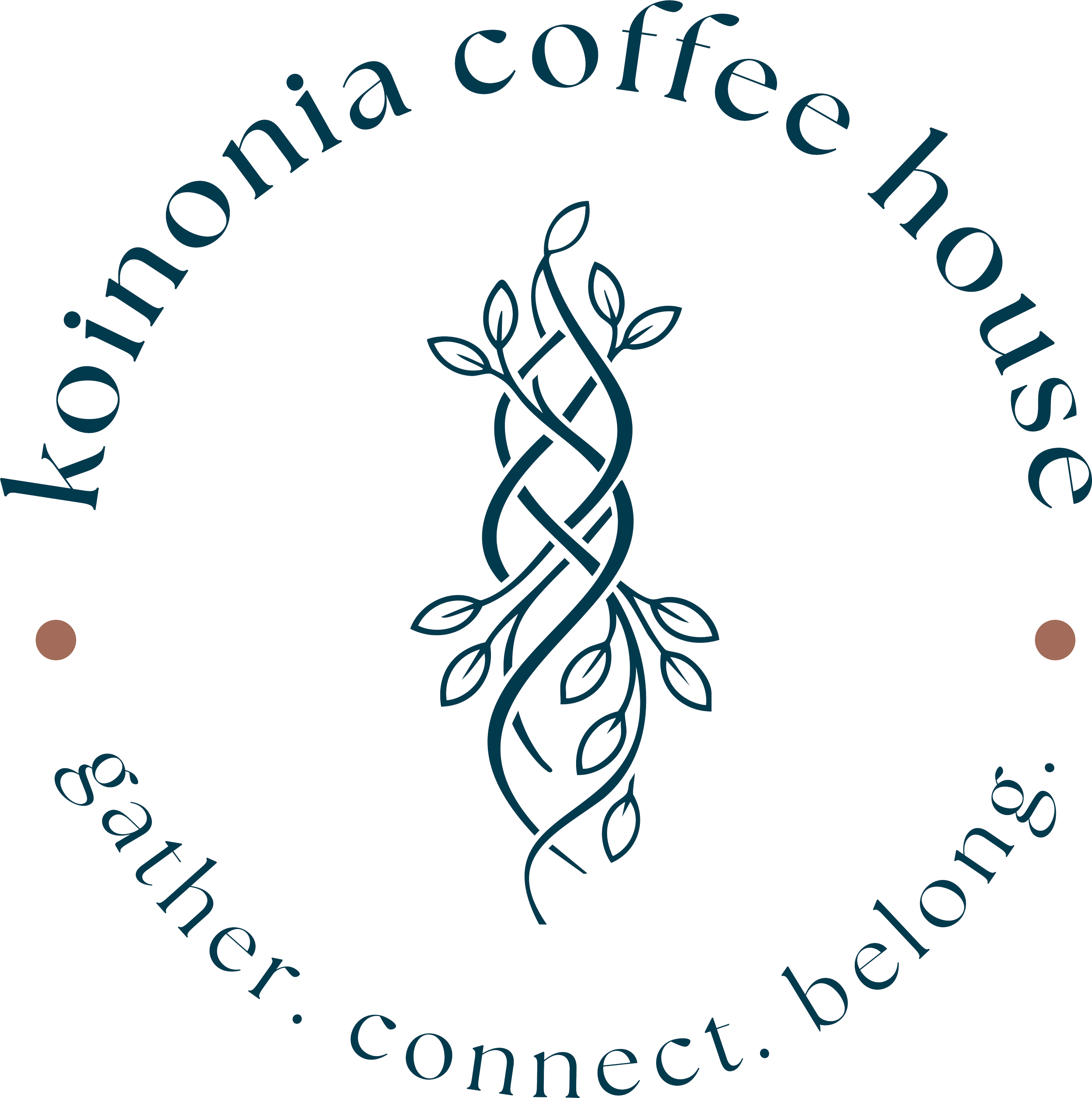 Logo for Kokoniā Coffee House featuring an intricate tree design with leaves, enclosed by the text "Kokoniā Coffee House" and a slogan "gather. connect. belong."