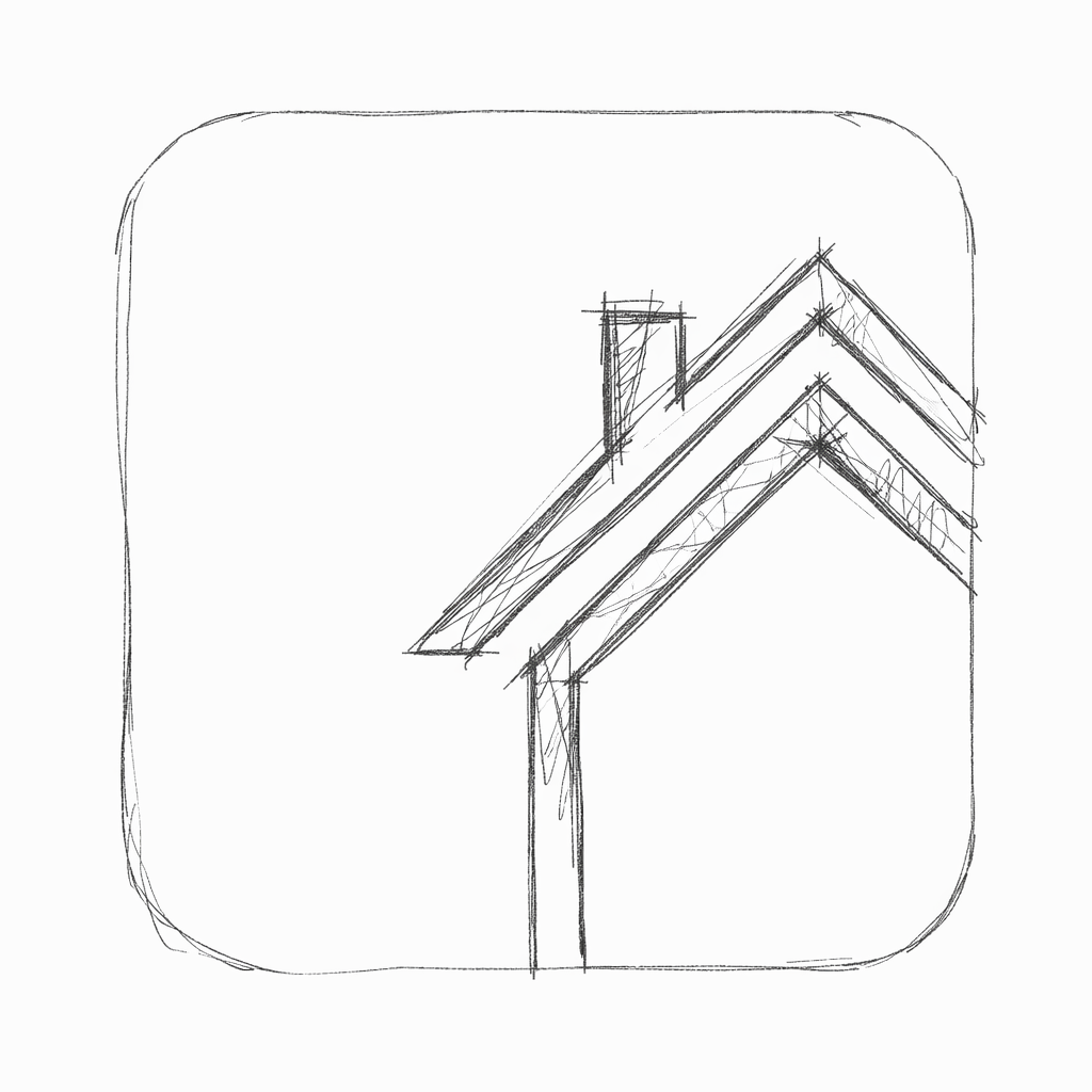 A sketch of a house with a sloped roof and chimney.