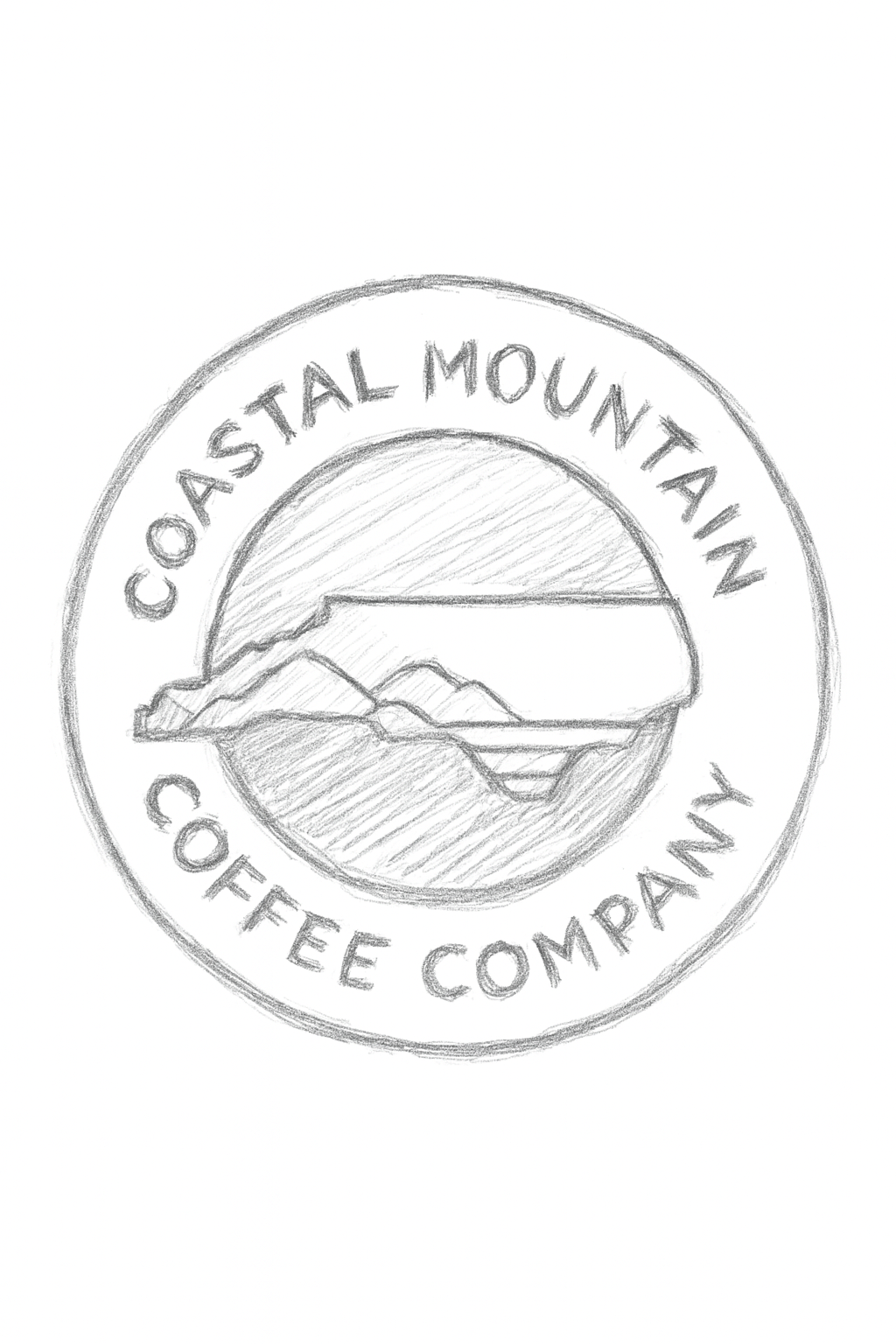 Hand-drawn logo of a coffee company named Coastal Mountain Coffee Company with a mountain landscape inside a circle.