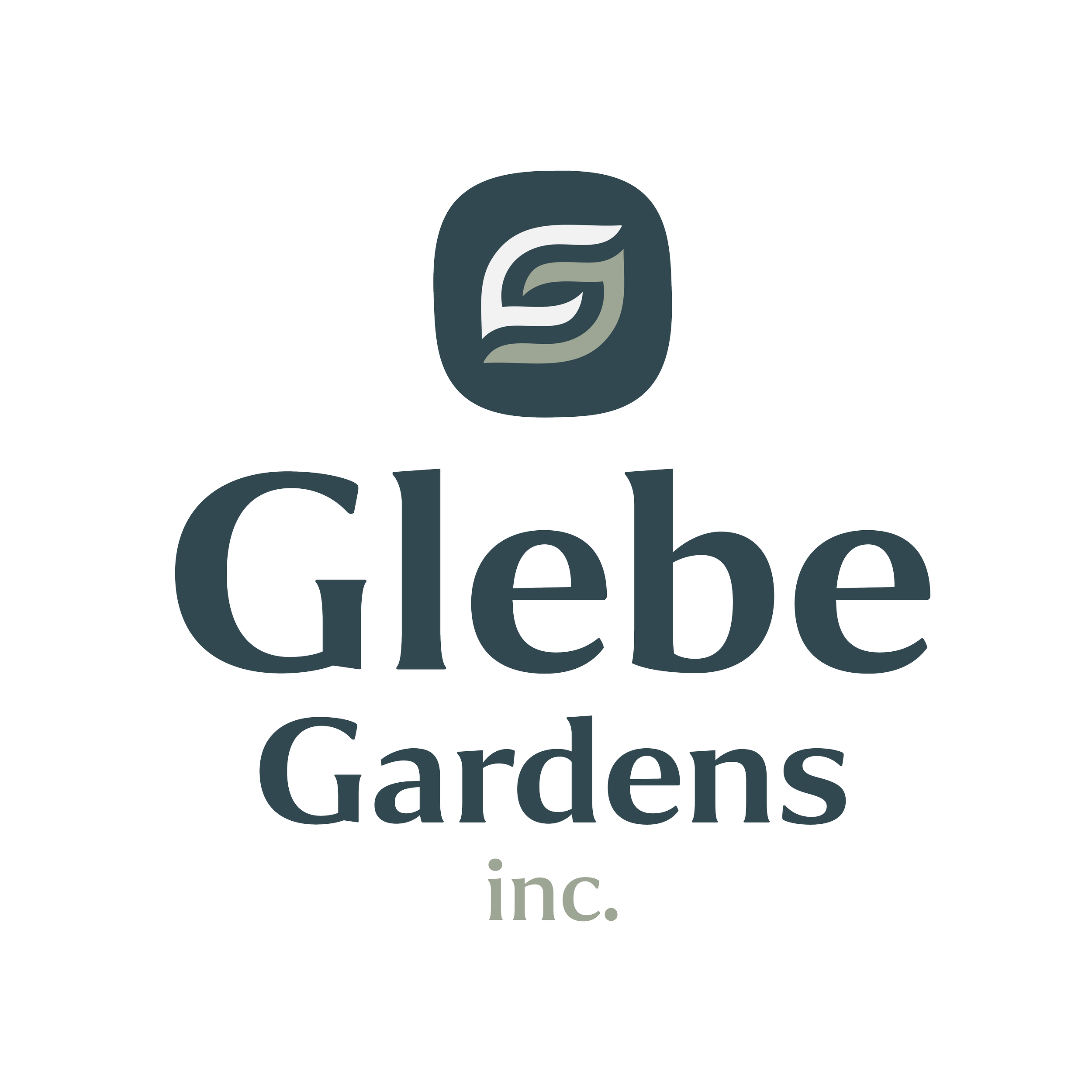 Logo of Glebe Gardens Inc. featuring a stylized leaf icon above the company name in dark gray font.