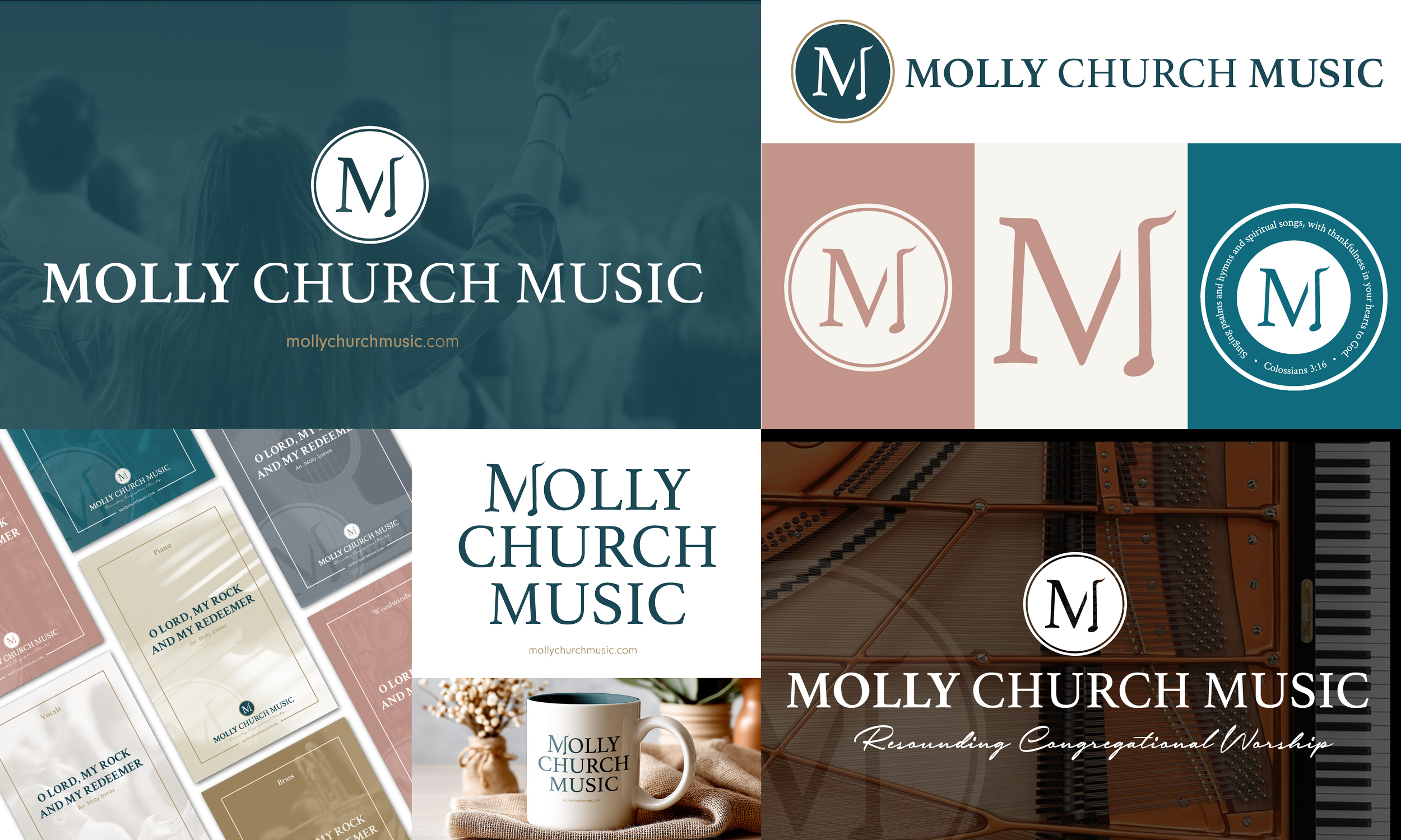 Collage of branding and promotional materials for Molly Church Music, including logos, website, album covers with song titles, a mug, and musical instruments.
