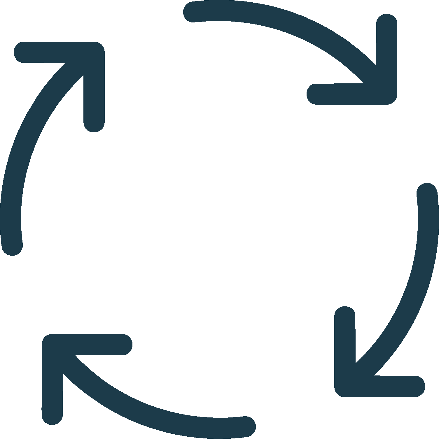 Circular arrows forming a continuous cycle, symbolizing recycling or process flow.