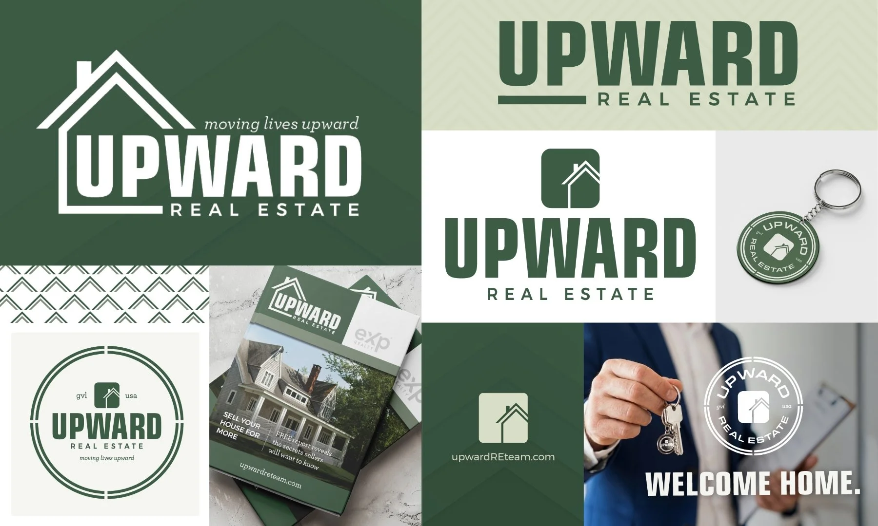Collage of branding and visual identity for Upward Real Estate, including logos, patterns, and promotional materials.
