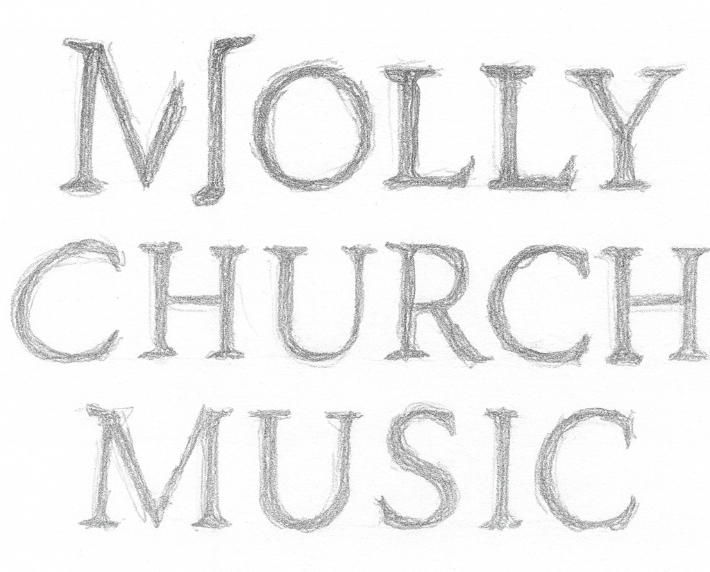 Hand-drawn pencil sketch of the words 'Holy Church Music' written in capital letters.