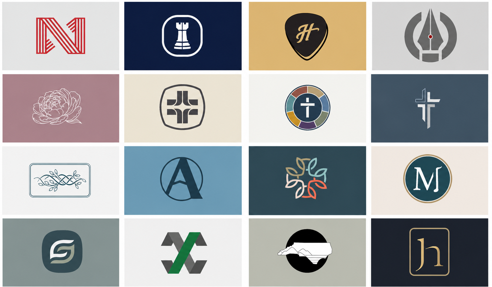 A collection of 15 different logos arranged in a 5x3 grid with various designs, colors, and symbols.