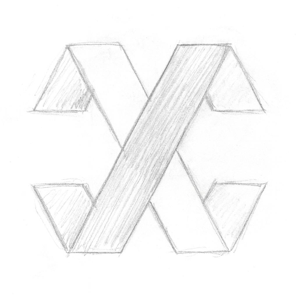 Hand-drawn sketch of a geometric shape resembling an abstract letter 'X' with shaded areas.
