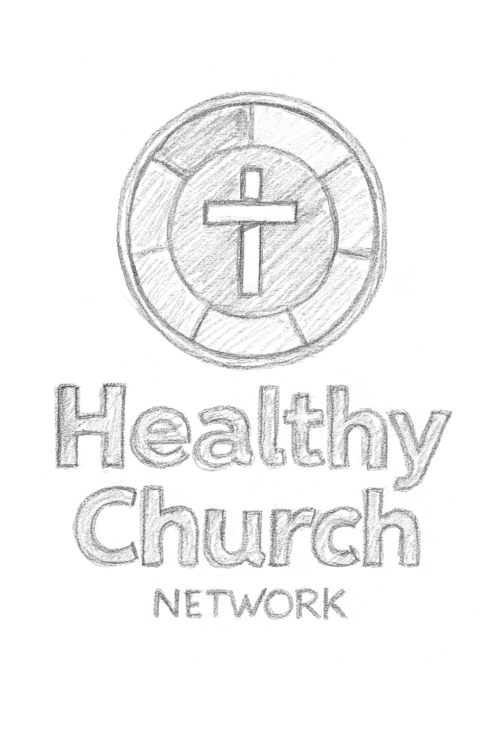 A pencil sketch of a logo with a cross inside a circular design, and the text 'Healthy Church Network' below.