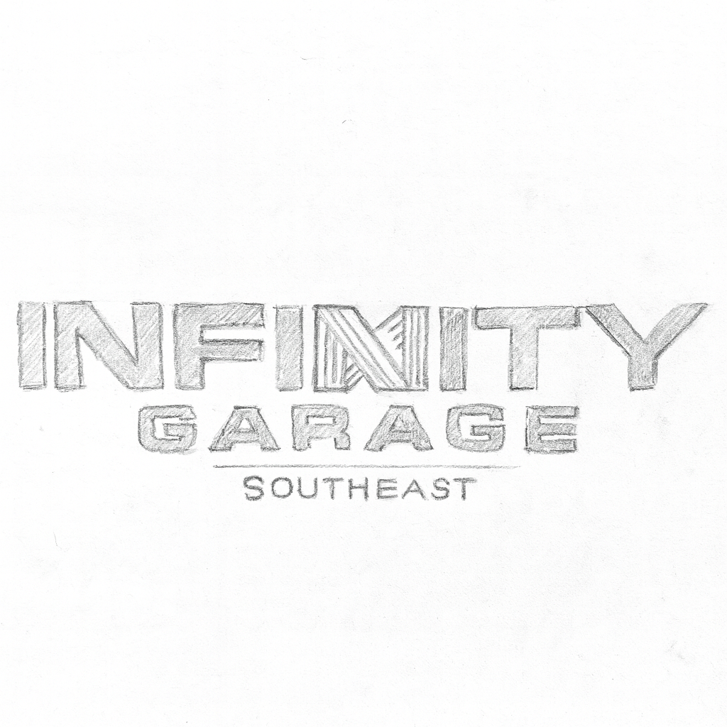 Sketch of a logo with the words "INFINITY GARAGE" in large capital letters, a line underneath, and the word "SOUTHEAST" below in smaller letters.