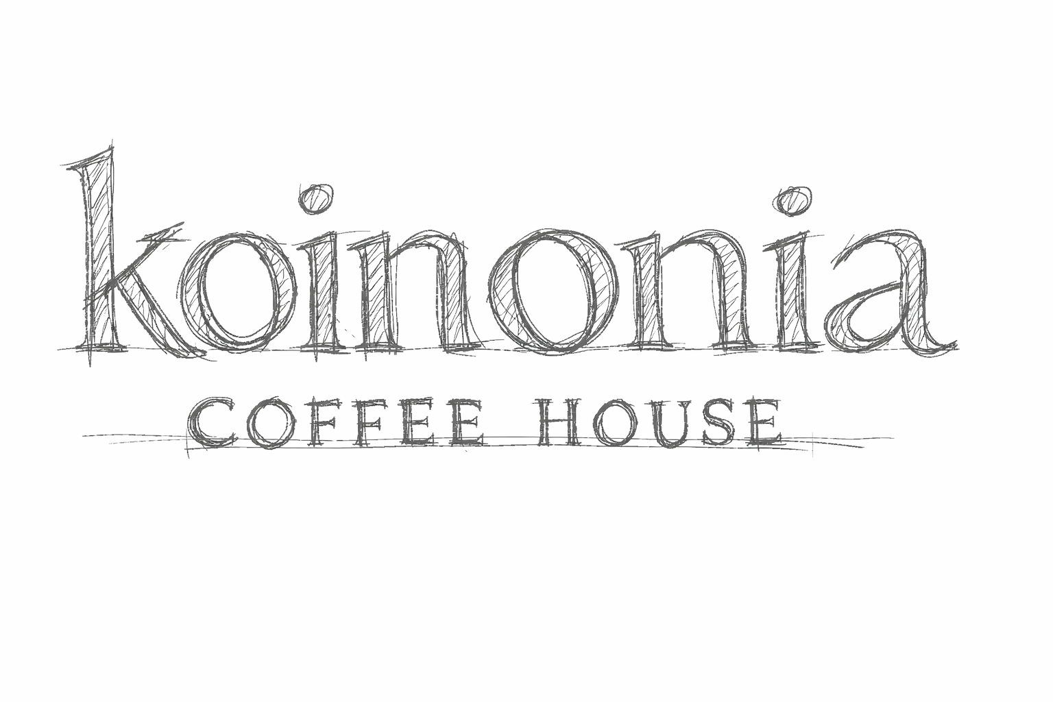 Sketch of a sign for 'Koinonia Coffee House' with stylized text in black and white.
