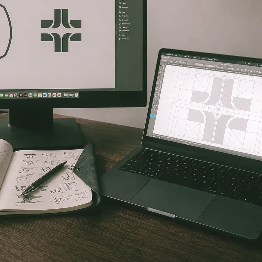 A workspace with two computer screens displaying logo design projects, an open notebook with sketches of logos, and a pen on the notebook on a wooden desk.