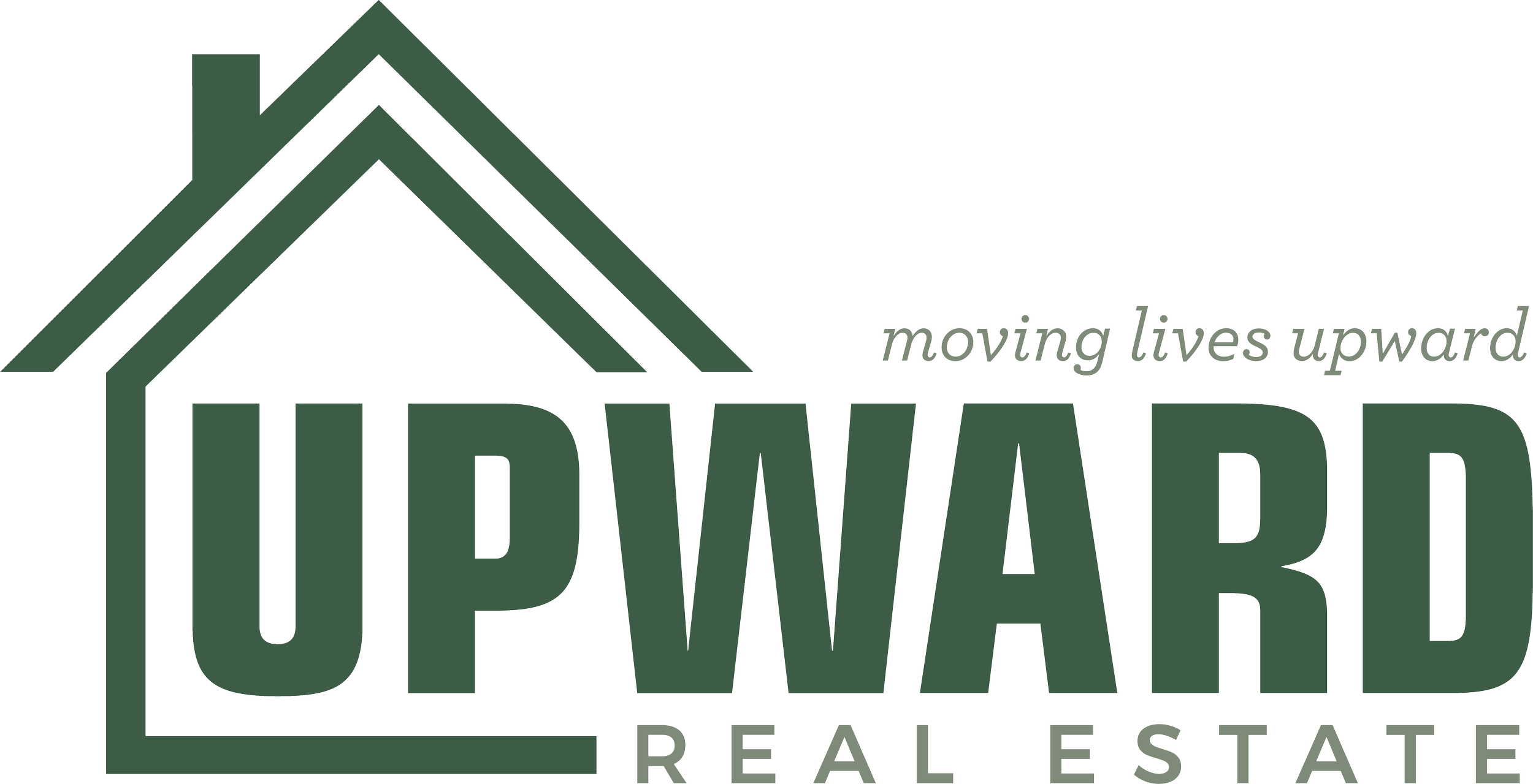 Logo for Upward Real Estate featuring a house outline and the slogan 'moving lives upward'
