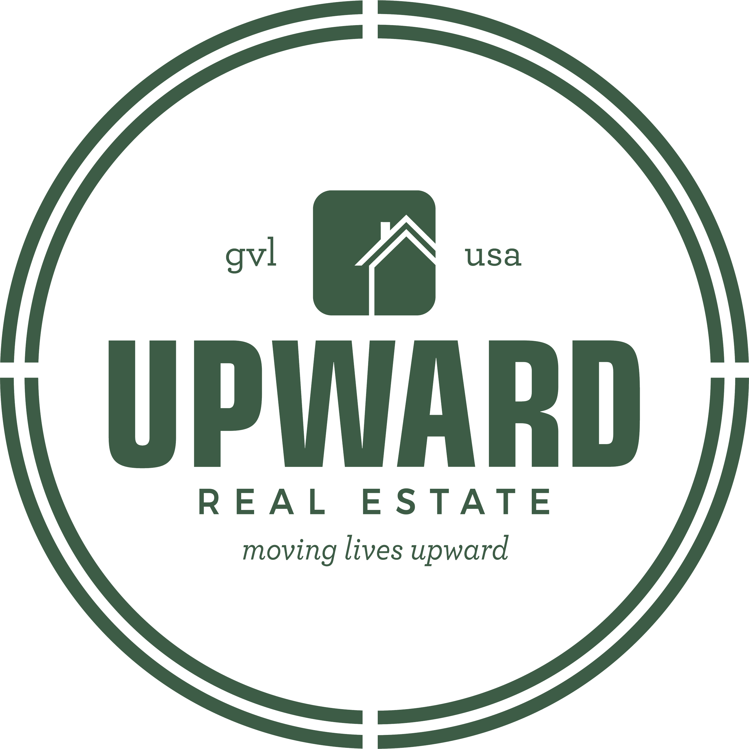 A circular logo for Upward Real Estate featuring a house icon, the text 'UPWARD' in large font, 'REAL ESTATE' below, and the slogan 'moving lives upward.' The words 'gvl' and 'usa' are on either side of the house icon.