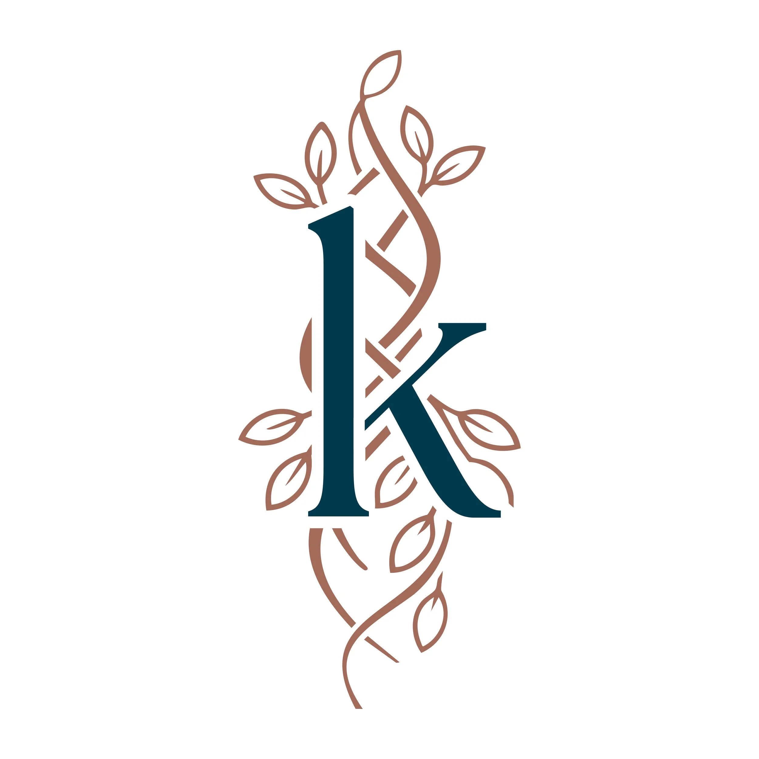 Stylized logo featuring the letter 'K' intertwined with a brown vine with leaves.