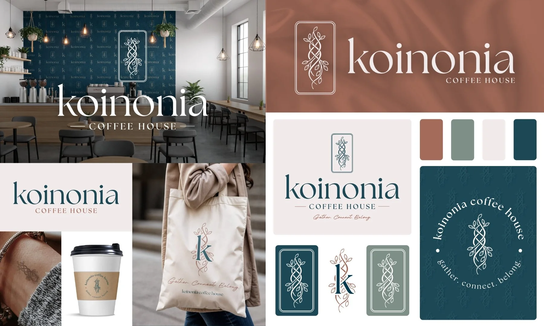 Collage of branding and visual identity elements for Koinonia Coffee House, including logos, colors, products, a cup, and other promotional materials.