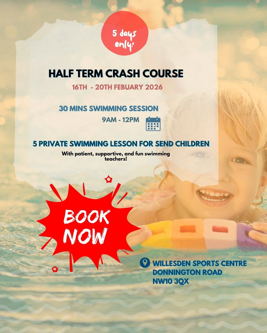 Now or never 💦 
Whether you&rsquo;re starting from scratch or looking to improve swimming skills, our 5-lesson Half-Term Swimming Crash Course is the perfect way to make real progress in a short time.

💧Suitable for children 
💧SEND-friendly lesson