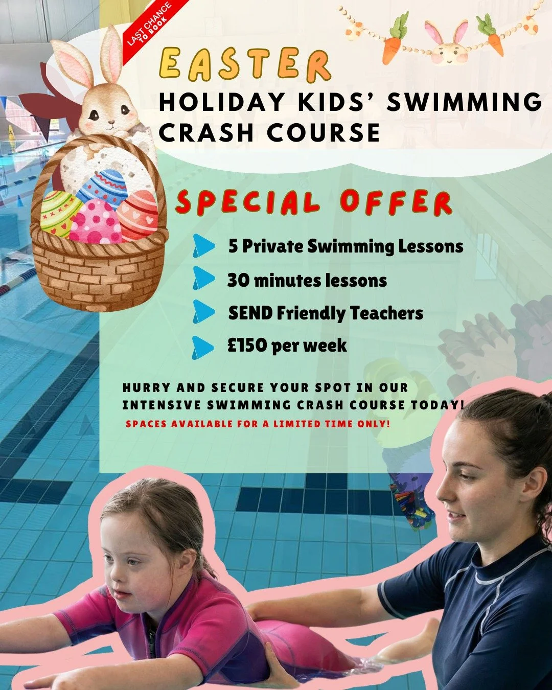 ⭐Special offer⭐

💦 Make this Easter half-term count!
Give your child a jump-start in their swimming progress with our focused holiday crash course this Easter holiday. 🐣🏊&zwj;♂️

📅 30 Mar &ndash; 3 Apr | 6 &ndash; 10 Apr 2026
⏰ 9:00am &ndash; 12: