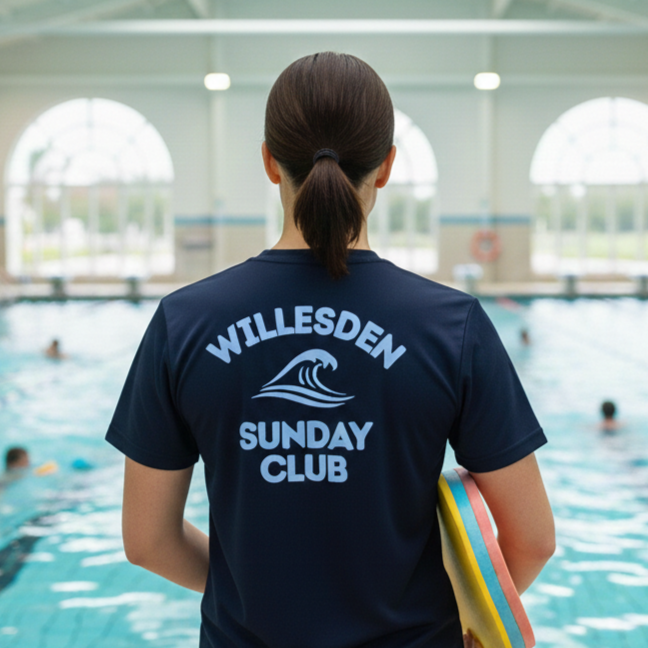 Back of a woman with a ponytail holding a colorful kickboard standing by an indoor swimming pool
