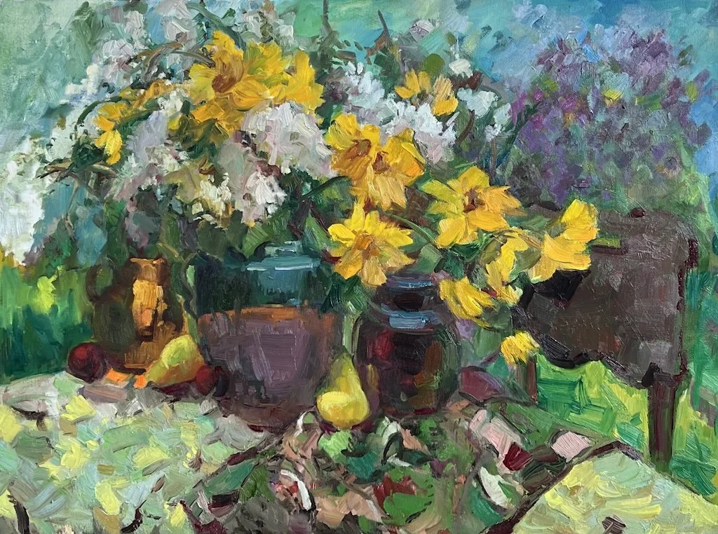 Sunflowers, Lilace, and Pears.jpg