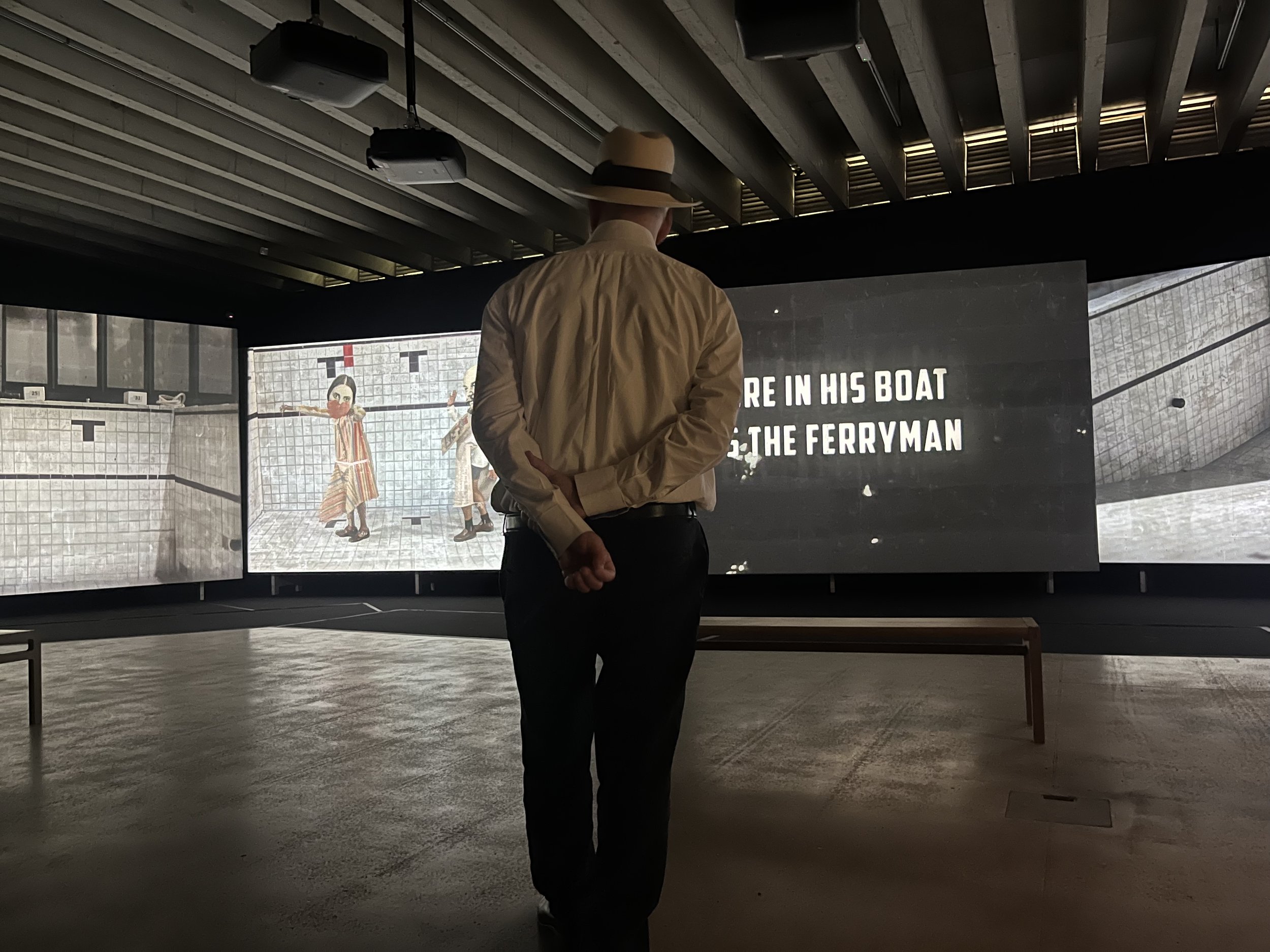 William Kentridge observing Oh To Believe in Another World at YSP
