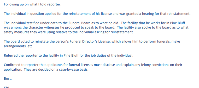 Arkansas Funeral Licensing Board Reinstated a Level 3 Sex Offender’s Professional License Based on “Safety Measures” It Never Made Conditions of the License