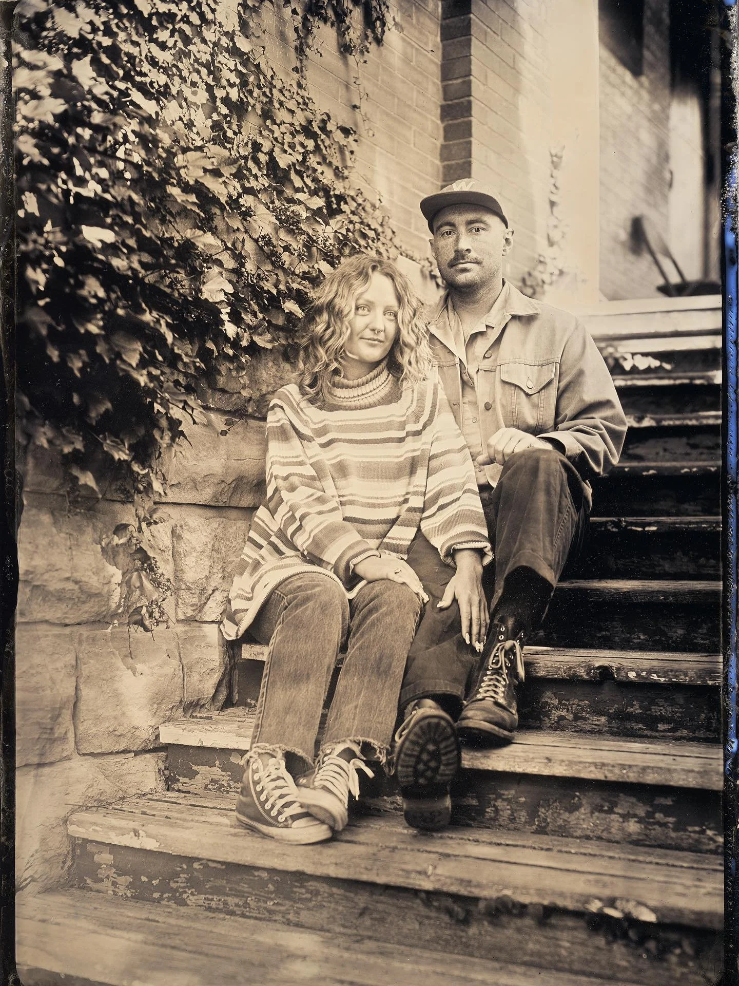 Madeline and Casey on the front steps of Driftless Books and Music, 9.7.25. 

5x7 plate size, natural light tintype. 

#wetplatecollodion #tintype #ferrotype #tintypephotography #largeformatphotography #alternativeprocessphotography #naturallighttint