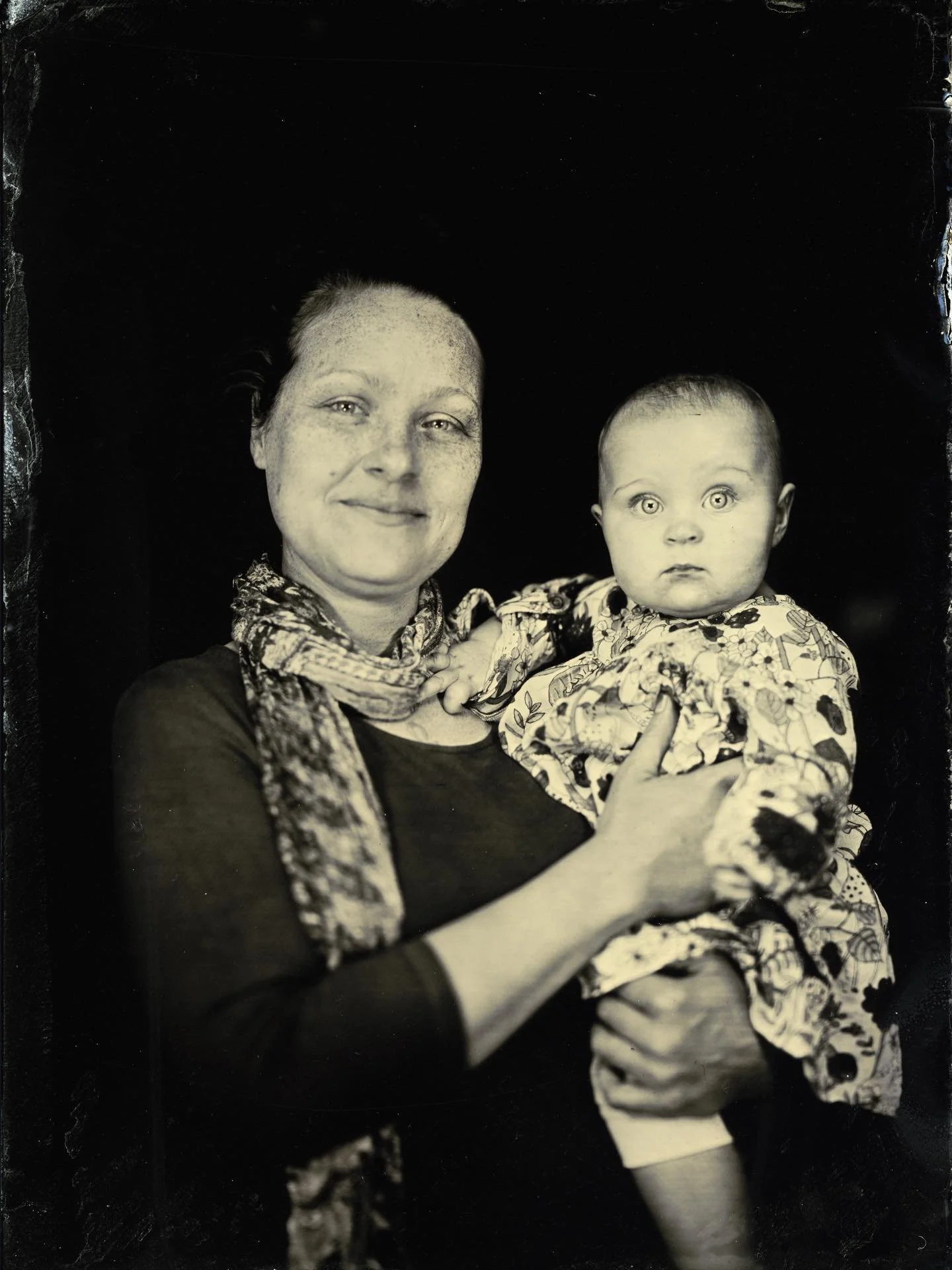 My beautiful sister Kara and her sweet 8-month-old daughter Naomi. 

I&rsquo;m so happy to have finally captured a tintype of my niece! Now that I&rsquo;m shooting with strobe lights, pictures like this are possible. The image is captured in a single
