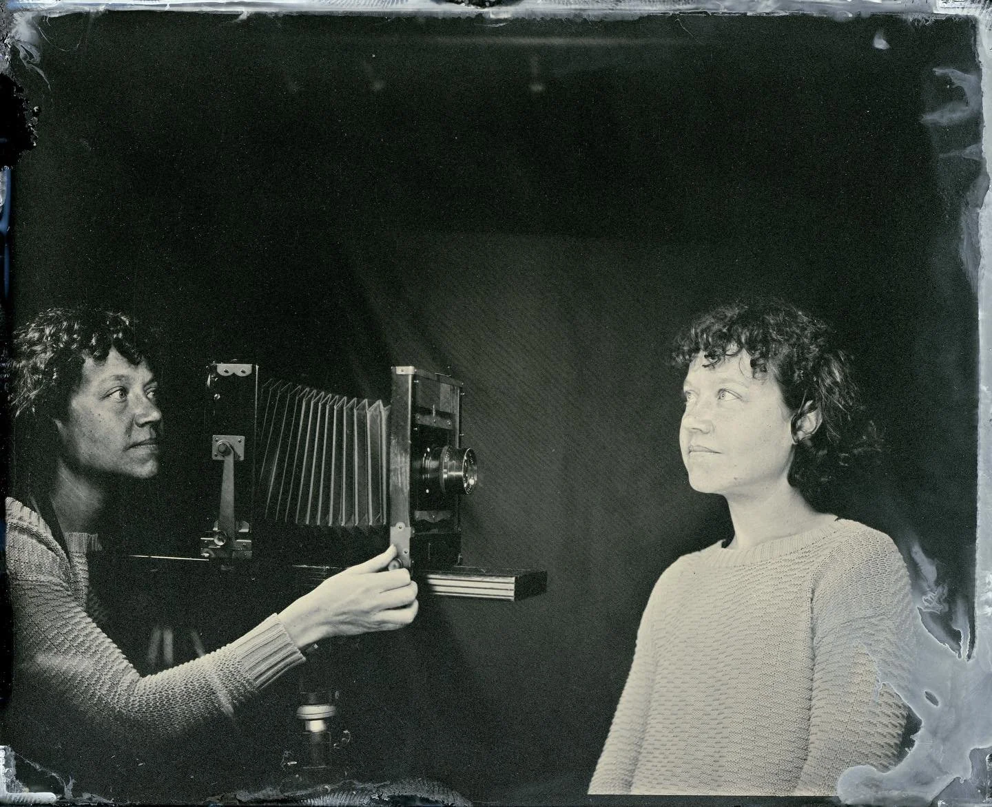 Double exposure of my camera and I. 4x5 tintype by @soggy_marten #tintypedoubleexposure #tintype #milwaukeephotographer #wetplatecollodion