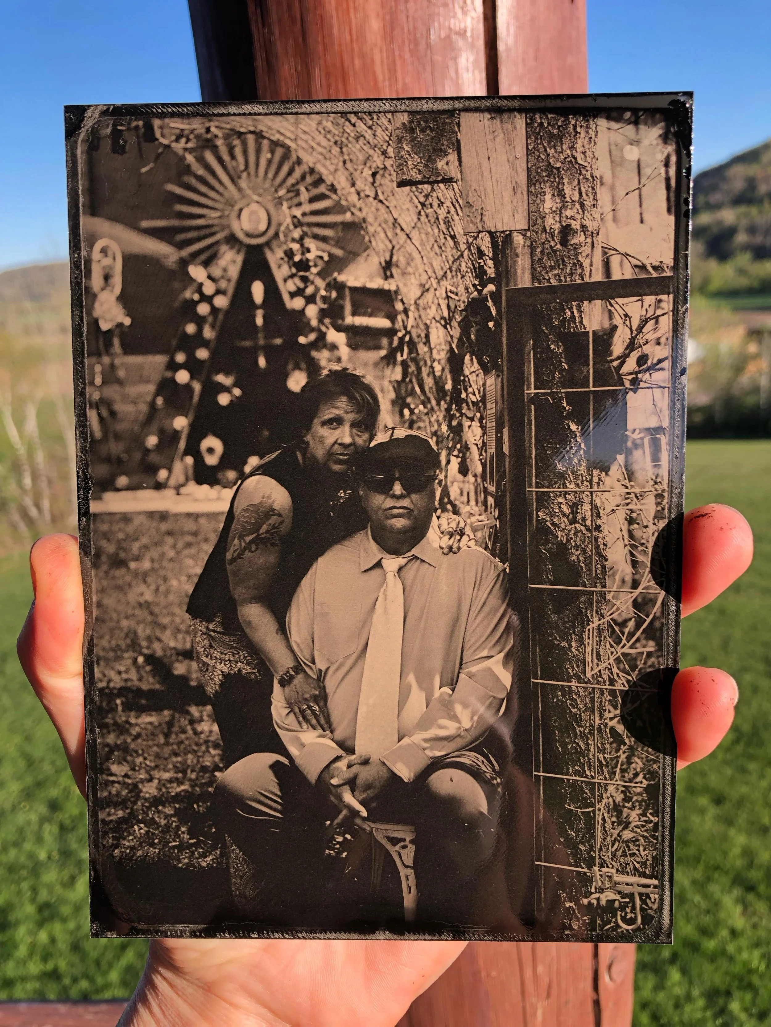 Posed at the gate of Rob Horwich&rsquo;s art garden, adjacent to the incomparable Driftless Books and Music ✨✨✨ #5x7tintype #tintypephotography #driftlessbooksandmusic