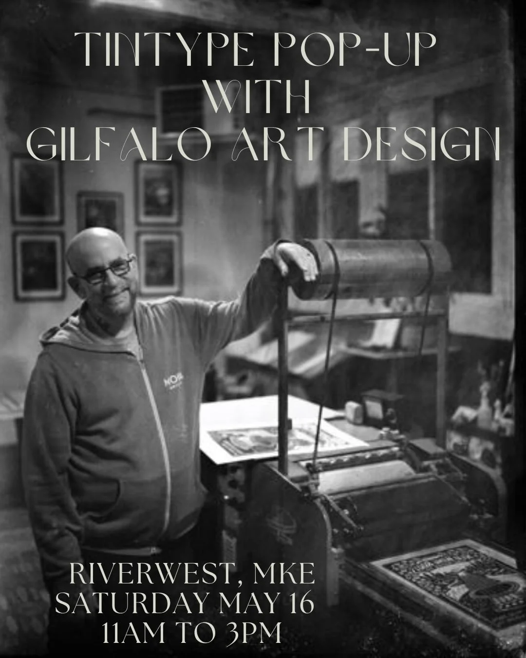 Join me for a special pop-up at the studio of Gilfalo Art Design in Riverwest, Milwaukee.

Experience the antique process of tintype photography with a portrait session inside Gilfalo&rsquo;s working studio, where their vibrant, multidimensional lino
