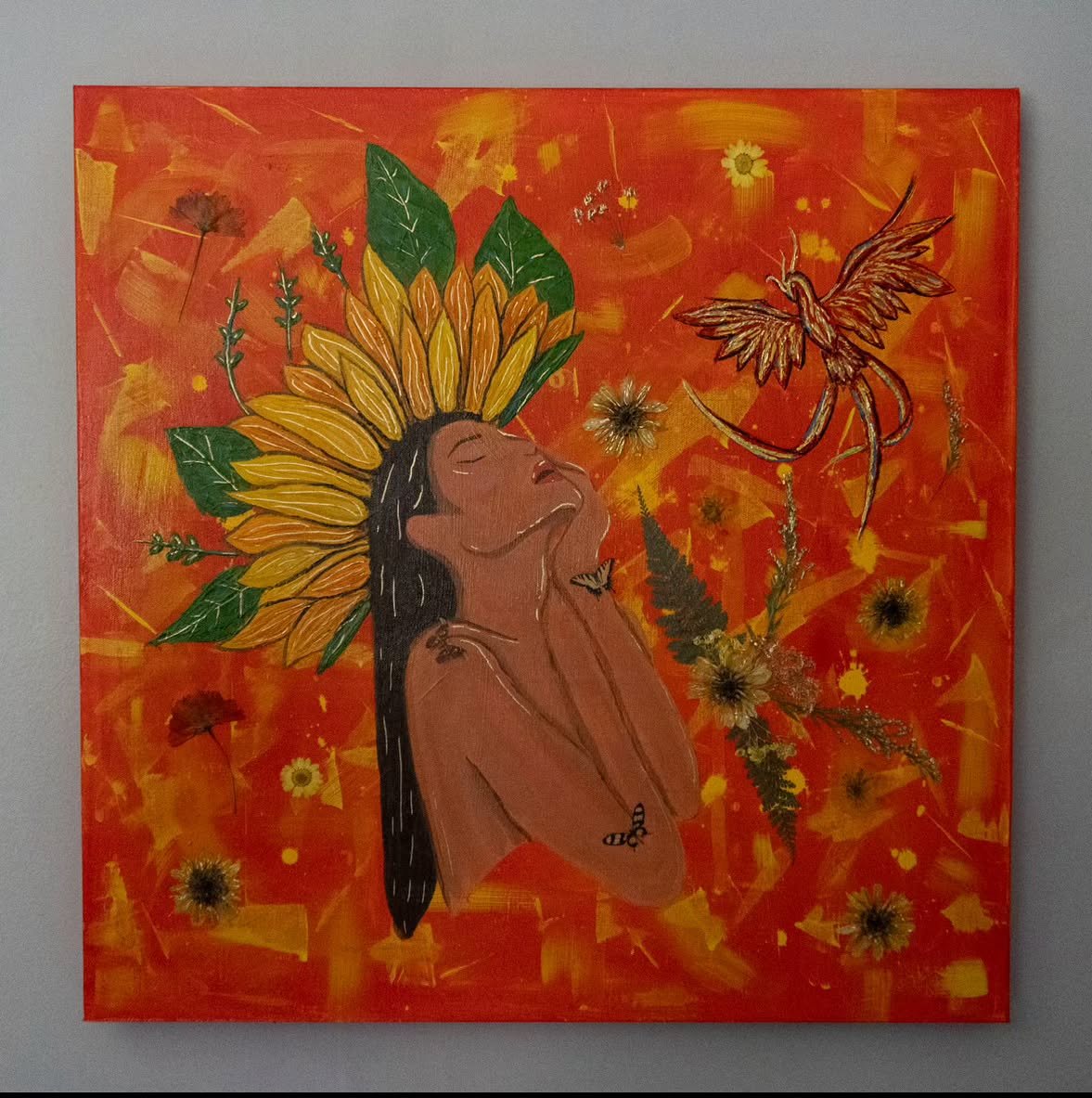 She is Fire
24&rdquo;x24&rdquo;
Mixed Media

#NatureInspiredArt #instadaily #MagicalRealism #PhoenixArt #DivineFeminine #acrylicpainting #NatureAndMagic #BotanicalArt #fineart #EmpoweredWomen #BloomWithNature #MythicalCreatures #fire #SacredFeminine 