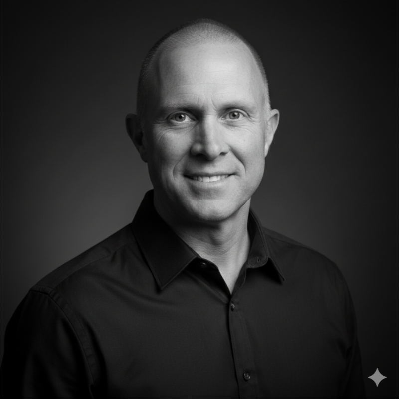 Black and white portrait of a smiling man in a black shirt against a dark background.