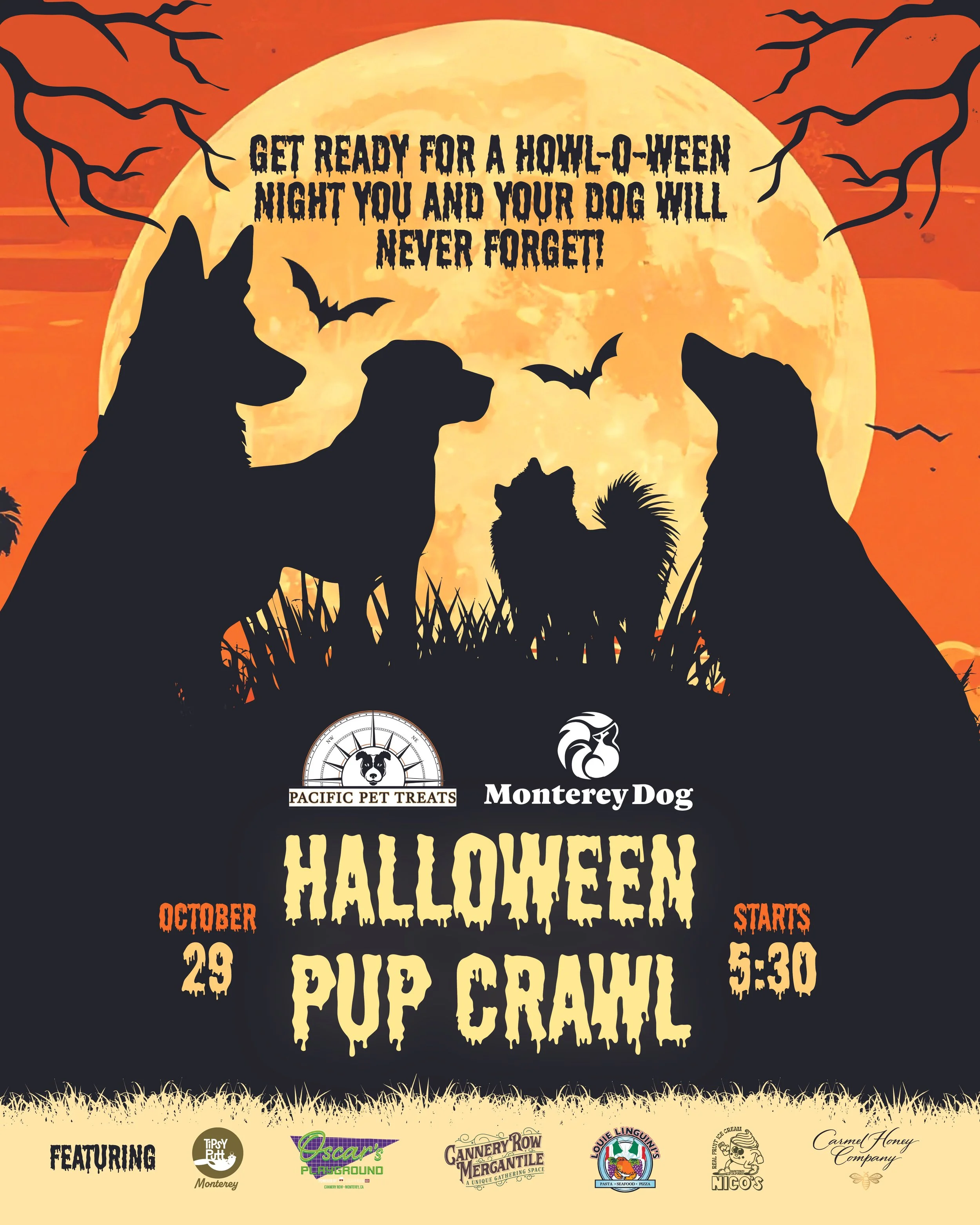 Halloween-themed poster featuring silhouettes of dogs and bats against a large full moon with spooky branches. Text promoting a Halloween pup crawl event on October 29th at 5:30 PM, with logos of sponsors at the bottom.