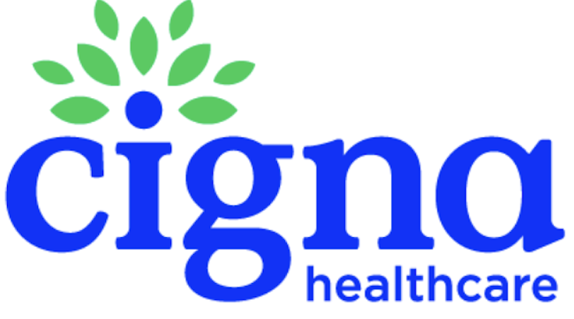 Cigna Healthcare insurance logo with blue text and a green and blue abstract tree above the i.