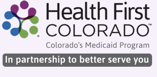 Health First Colorado logo with text: Colorado’s Medicaid insurance program. In partnership to better serve you.