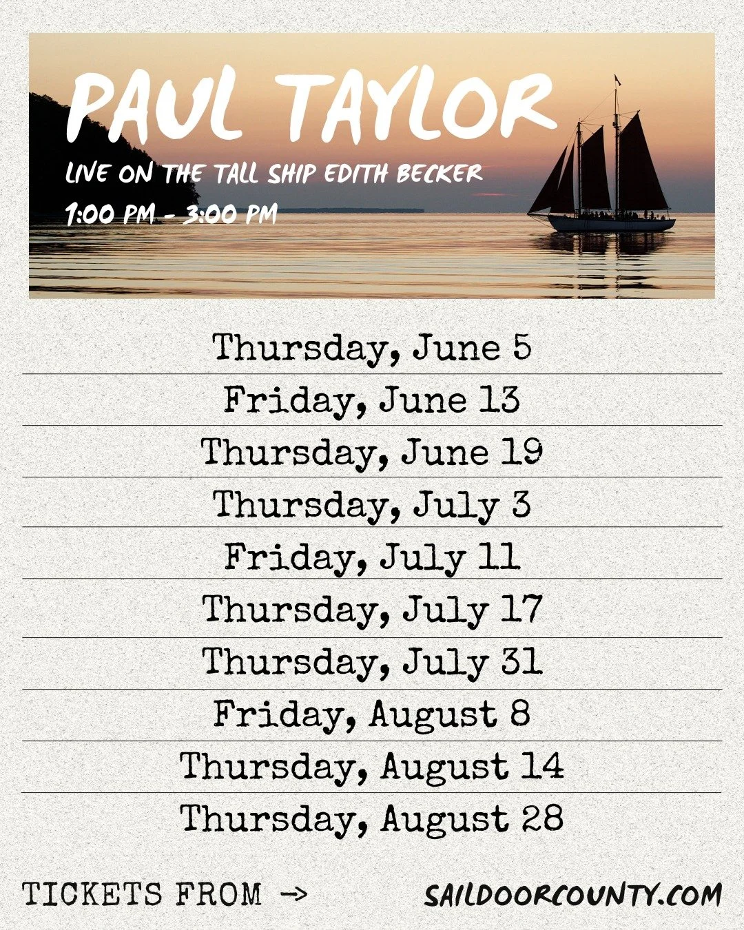 Set sail with live music aboard the Edith Becker! 🎶 

We're gearing up for an unforgettable season and excited to announce some live music sails for the coming season! Kick back, relax, and let the wind and the musical stylings of Paul Taylor make y