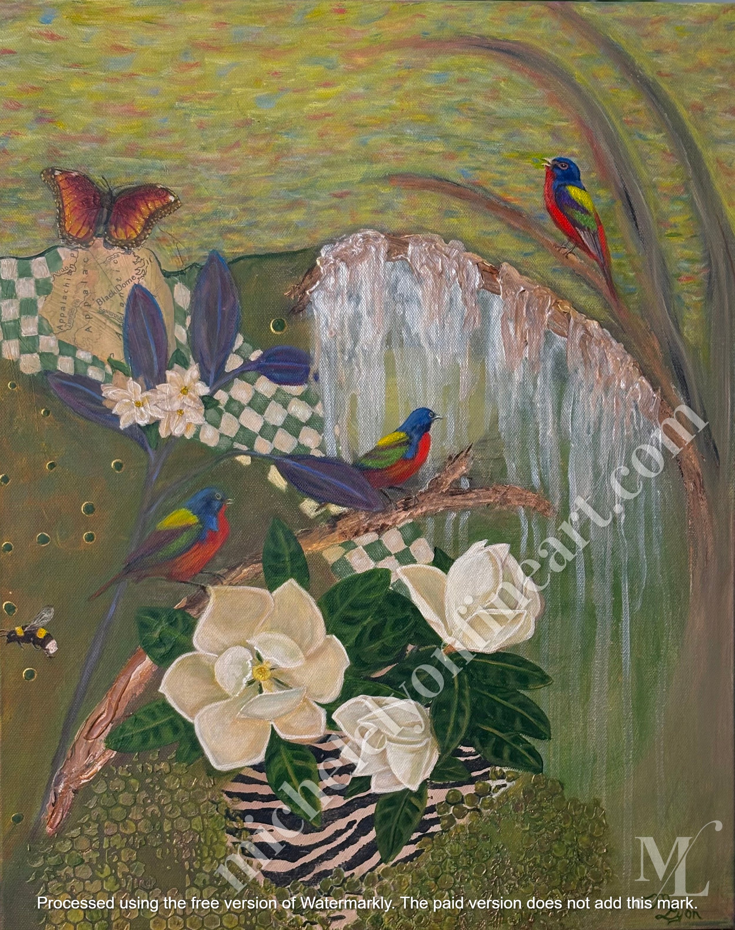 "Sweet Magnolia"
Nature's Southern Story, with its magnolias, Painted Bunting Birds, and Spanish moss, surrounded by marsh.
16" X 20" X 1.5" mixed media on canvas.
$760.00