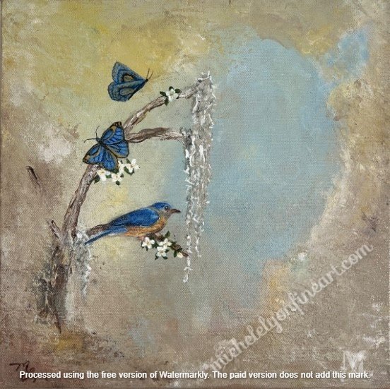 "Blue Bird & Friends"
At home in the south with trees covered in Spanish moss, creating its own poetry.
Original work of art.
12" x 12" 1.5" mixed media on canvas.
Price: USD 280.00