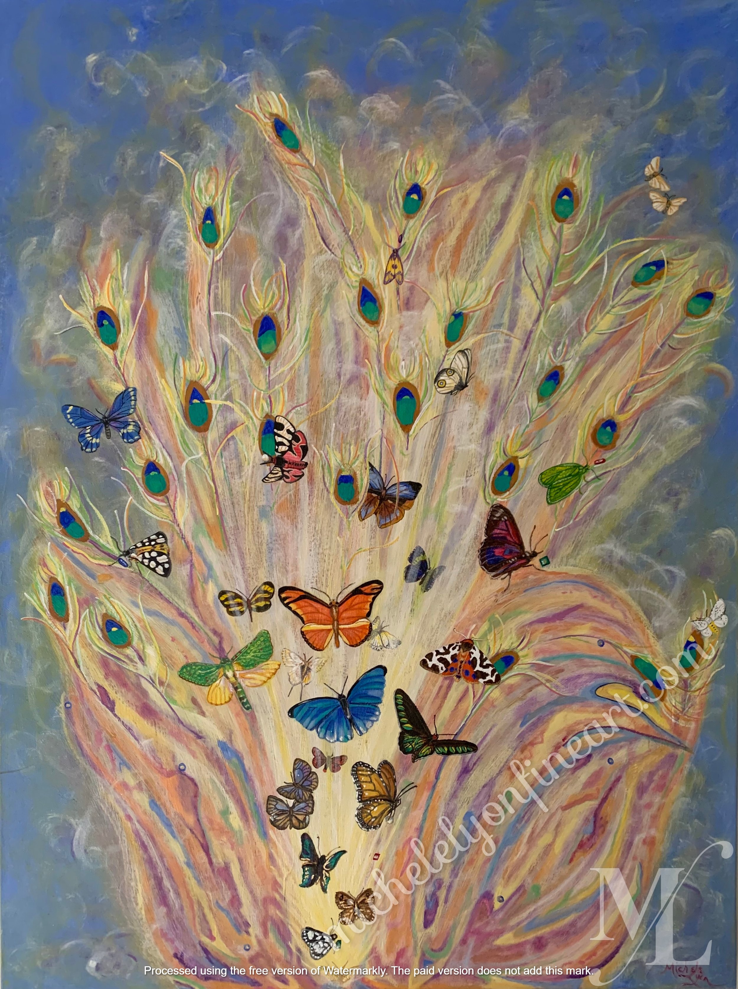 "Epiphanies"
This is a work that just developed as I was painting without any forethought.
I just love when I have an "aha" moment and an epiphany comes to me, at times randomly. Each butterfly reflects one.
30" x 40" x 1 1/2" Acrylic on canvas.
O