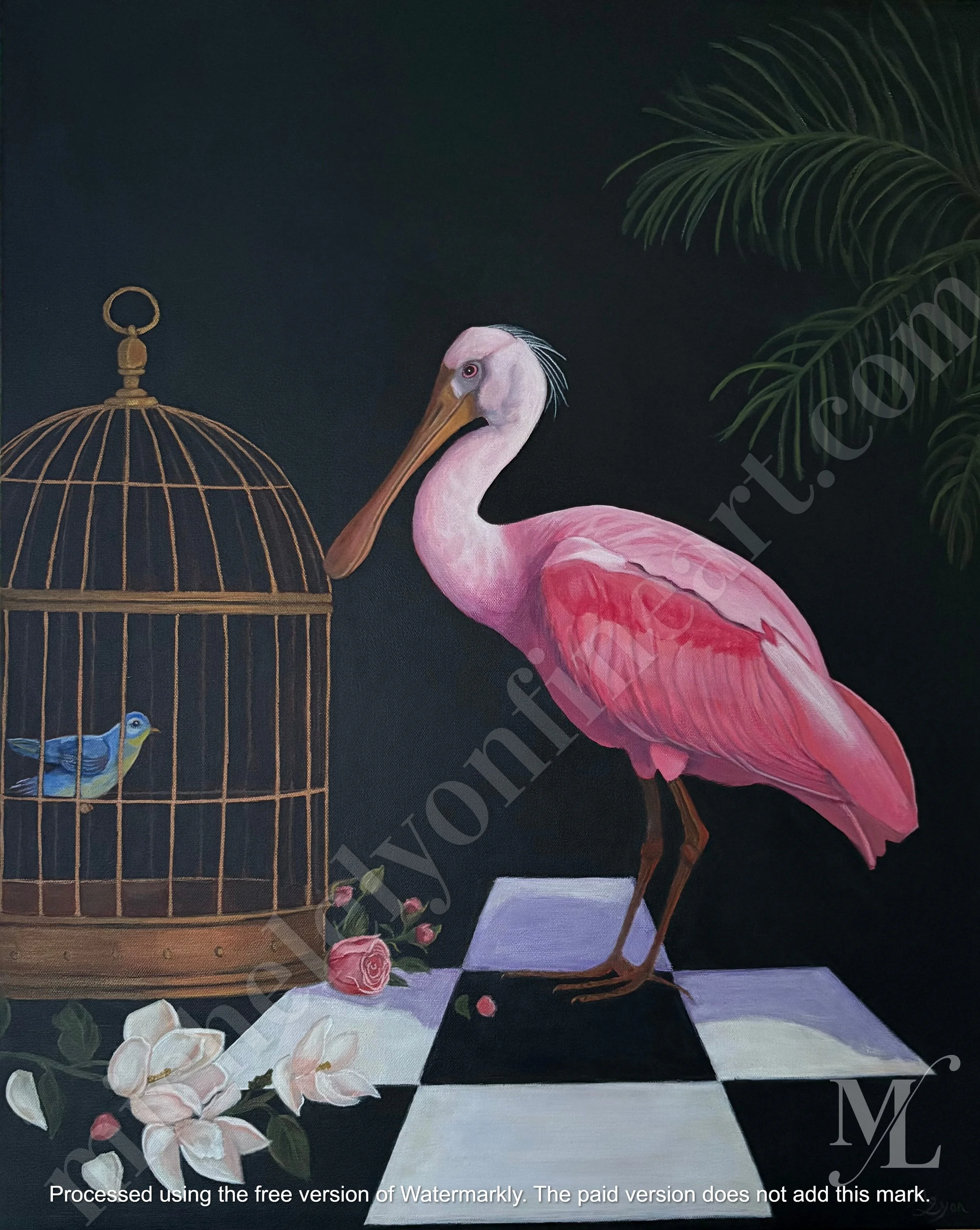 "What Ya In For?"
This is a humorous portrait of a pink spoonbill trying to make a new friend who's behind bars.
24" x 30" acrylic on canvas. $2,268.00