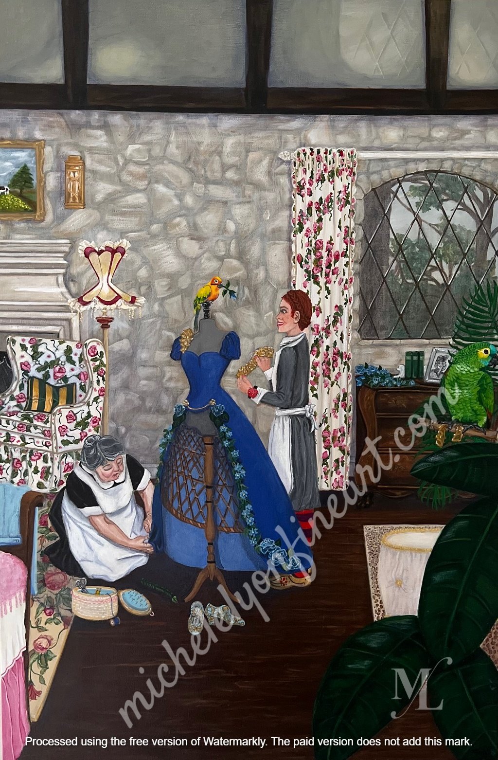 "Couture"
Seamstresses create a special prom dress with help from their feathered friends.
24" x 36" x 1.5" (with painted sides)
Acrylic on canvas ... $3,025